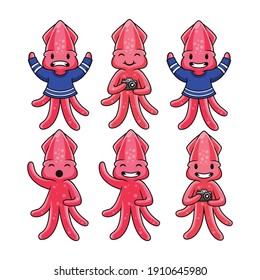 Illustration of cute squid mascot character vector The Concept of Isolated Technology. Flat Cartoon Style Suitable for Landing Web Pages, Banners, Flyers, Stickers, Cards
