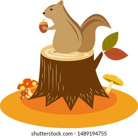 Illustration of cute squirrel.
Acorn.Tree stump vector illustration.