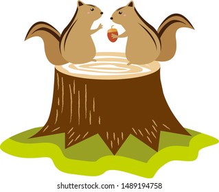 Illustration of cute squirrel.
Acorn.Tree stump vector illustration.