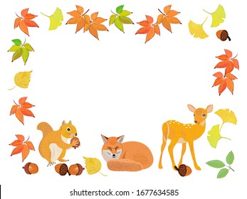 Illustration of cute squirrel, deer and fox in autumn.  Cartoon.