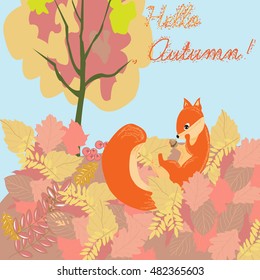 Illustration of cute squirrel eating nut on a pile of leaves