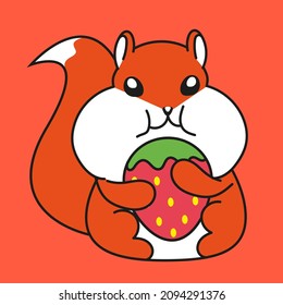 Illustration of cute squirrel eating red stawberry