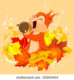 Illustration of cute squirrel eats nut on autumn background 