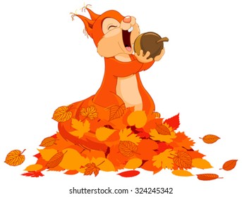 Illustration of cute squirrel eats nut on pile of leaves