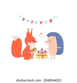 Illustration with cute squirrel, hedgehog and gift. Vector cartoon animalistic characters isolated on white background. Birthday party.