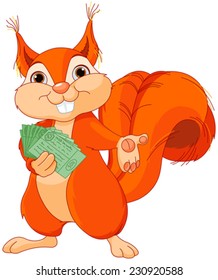 Illustration of cute squirrel holds tickets