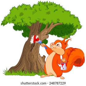 Illustration of cute squirrel paints a tree