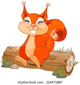 Illustration of cute squirrel sitting on a log