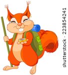 Illustration of cute squirrel walks to camping