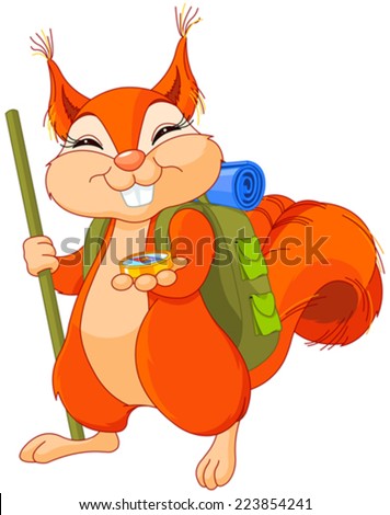 Illustration of cute squirrel walks to camping