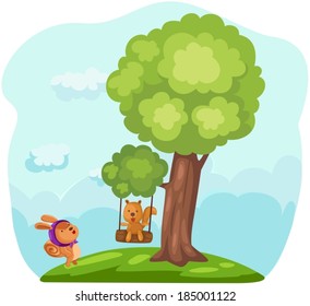 illustration of  cute squirrels playing tree swing