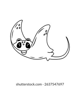 An illustration of a cute stingray swimming underwater. Funny cartoon-style vector illustration for children's creativity, coloring, books, textiles. Marine animals on a white background.