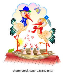 Illustration of cute stork family with father, mother and babies in the nest. Cover for kids fairy tale book. Abstract background for poster with birds. Printable vector cartoon drawing for children.