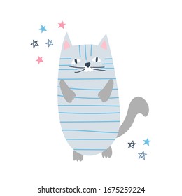 illustration of a cute striped gray cat with stars in Scandinavian style on a white background. For design, cards, invitations, children's print. hand-drawn vector