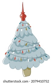 Illustration of cute stylized christmas tree with light garland and red pommel