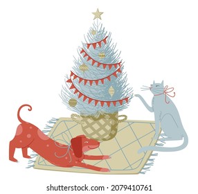 Illustration of cute stylized christmas tree in the basket, curious cat and playful dog on the carpet