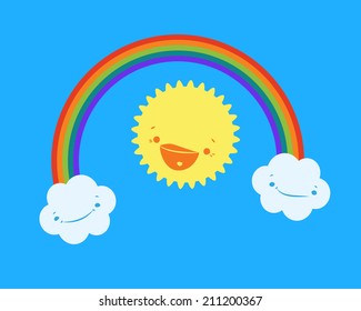 Illustration of cute sun, smiling clouds and rainbow. Design for children.