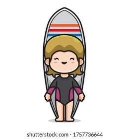 Illustration of cute surfer girl vector The Concept of Isolated Technology. Flat Cartoon Style Suitable for Landing Web Pages, Banners, Flyers, Stickers, Cards