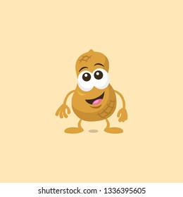 Illustration of cute surprised peanut mascot with big smile isolated on light background. Flat design style for your mascot branding.