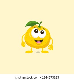 Illustration of cute surprised yuzu mascot with big smile isolated on light background. Flat design style for your mascot branding.
