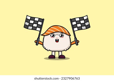 Illustration of cute Sushi cartoon character holding crossed checkered race flag