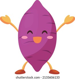 Illustration of a cute sweet potato character who is pleased with both hands raised