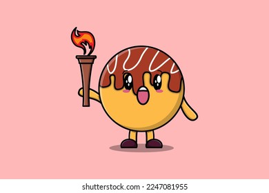 Ilustración del lindo personaje de Takoyaki sosteniendo una antorcha de fuego en un diseño moderno y plano