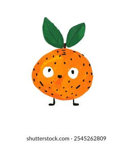 Ilustración de una mandarina linda con ojos y piernas. Los colores brillantes y divertidos enfatizan la alegría y la amabilidad del personaje, agregando un acento artístico a su interior o proyecto.