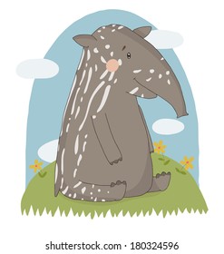 Illustration cute tapir sitting on the grass. Children's illustration