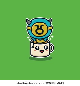 illustration cute taurus character bathing in a cup of coffee