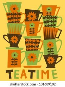 Illustration of cute tea cups stacked in piles.