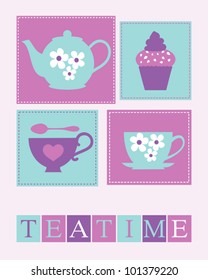 Illustration of cute teacups, teapot and a cupcake.