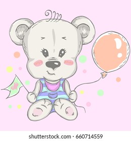 Illustration with cute teddy bear with balloon and little flag. Can be used for baby t-shirt print, fashion print design, kids wear, baby shower celebration greeting and invitation card.