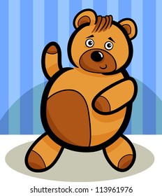 Illustration of Cute Teddy Bear Cartoon Character against Blue Striped Wallpaper