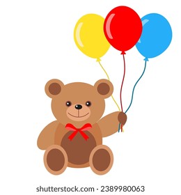 Illustration of a cute teddy bear with colorful balloons and a bow on a white background