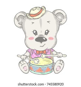 Illustration with cute teddy bear with drum. Can be used for baby t-shirt print, fashion print design, kids wear, baby shower celebration greeting and invitation card.