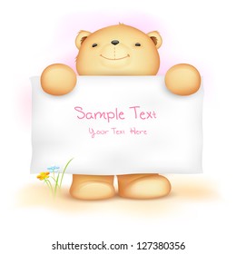 illustration of cute teddy bear holding blank board