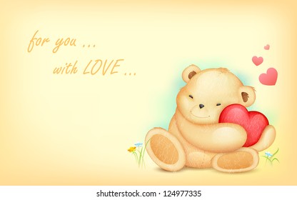 illustration of cute teddy bear hugging heart on love background