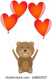 Illustration of cute Teddy Bear with red heart balloons