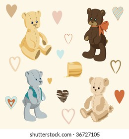 Illustration of Cute Teddy Bears and Little Colored Hearts
