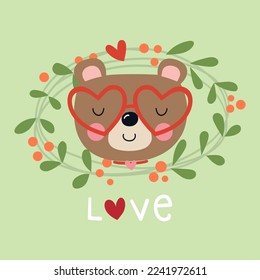 Ilustración de una cara de peluche linda en un borde de hojas y la palabra amor abajo
