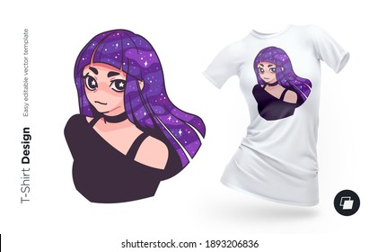 Illustration of cute teen girl with stars and planets in her hair. Galaxy humanization concept. Print for clothes, posters or souvenirs. Vector