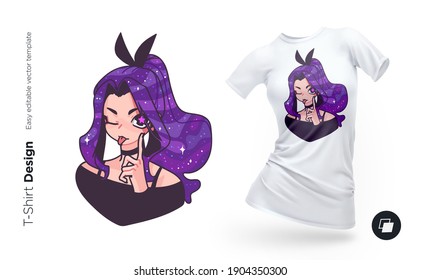 Illustration of cute teen girl with stars and planets in her hair. Galaxy humanization concept. Print for clothes, posters or souvenirs. Vector