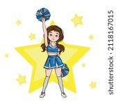 Illustration of a cute teenage girl, cheerleader, dancing with pom-poms