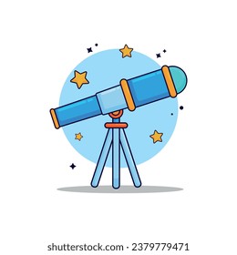 Illustration of a cute telescope looking at the starry sky with orbiting stars in blue and yellow. Cartoon style design with happy vibes, isolated on a white background.