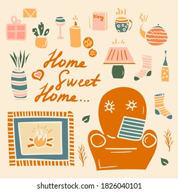 Illustration with cute things and objects for home interior. Doodle style handdrawn elements isolated on white. Cozy and comfortable lifestyle. Autumn or winter mood, hugge.