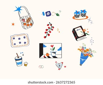 Illustration with cute things and objects for home interior, books, plants. Flat style hand drawn elements isolated on white. Cozy and comfortable lifestyle.