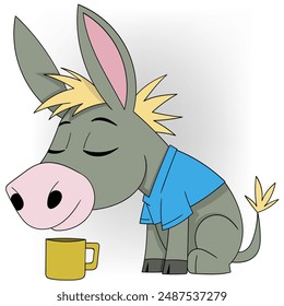 An illustration of a cute, thirsty donkey with closed eyes, wearing a blue shirt and sitting contentedly next to a yellow mug.