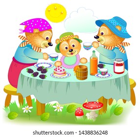 Illustration of cute three bears family eating the breakfast. Father, mother and baby sitting at the table. Printable page for kids book. Cover for children book. Hand-drawn vector cartoon image.