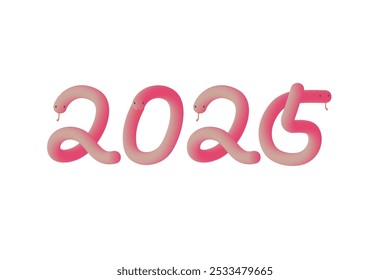 Illustration of cute three-dimensional red snakes lined up in the shape of 2025